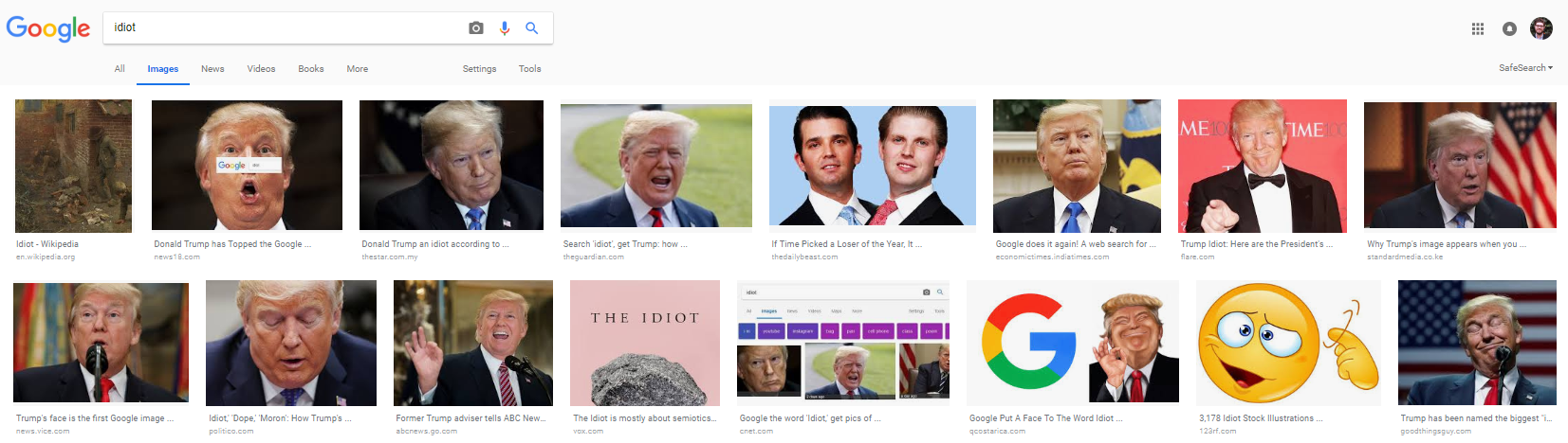 How Trump's image appears when you search for the word idiot on Google.